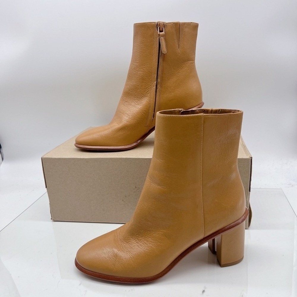 Tory Burch Brooke Stamped Ankle Boots Heel Bootie Tan Leather Side Zip US 5